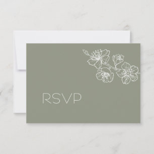 Sage Green White Floral Line Art RSVP Card