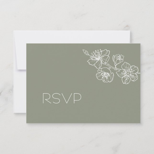 Sage Green White Floral Line Art RSVP Card (Back)