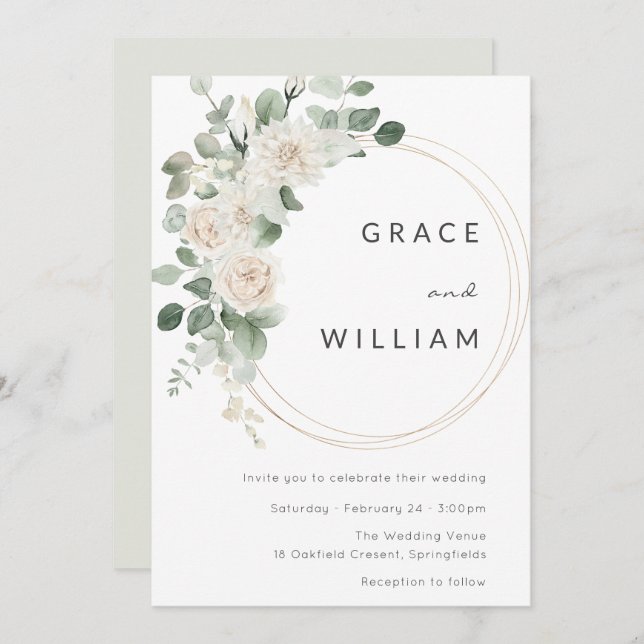 Sage Green White Floral Modern Wedding Invitation (Front/Back)