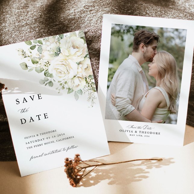 Sage Green White Floral Photo Wedding Save The Date (Sage green white floral watercolor photo save the date wedding card, front and back design)