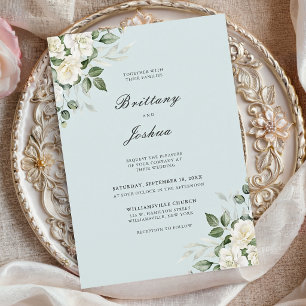 Sage Green White Floral Script Traditional Wedding Invitation