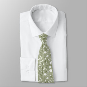 Sage Green White Floral Wedding Groomsman Groom  Tie