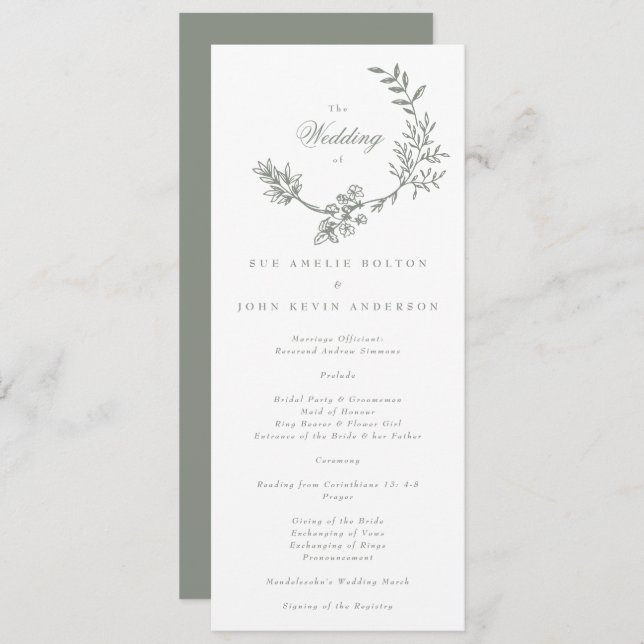 Sage Green White Floral Wreath Wedding Program (Front/Back)