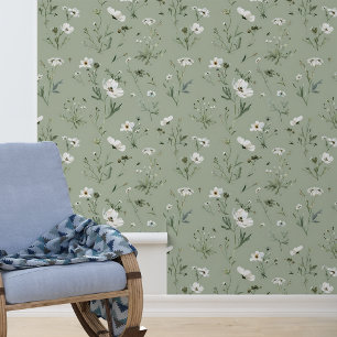 Sage green White Flower Floral Wallpaper