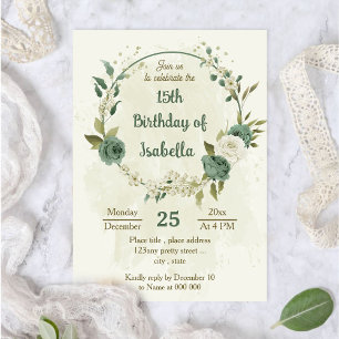 sage green white flowers botanical birthday invitation