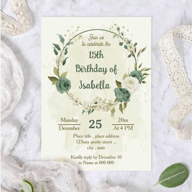 sage green white flowers botanical birthday invitation (Creator Uploaded)