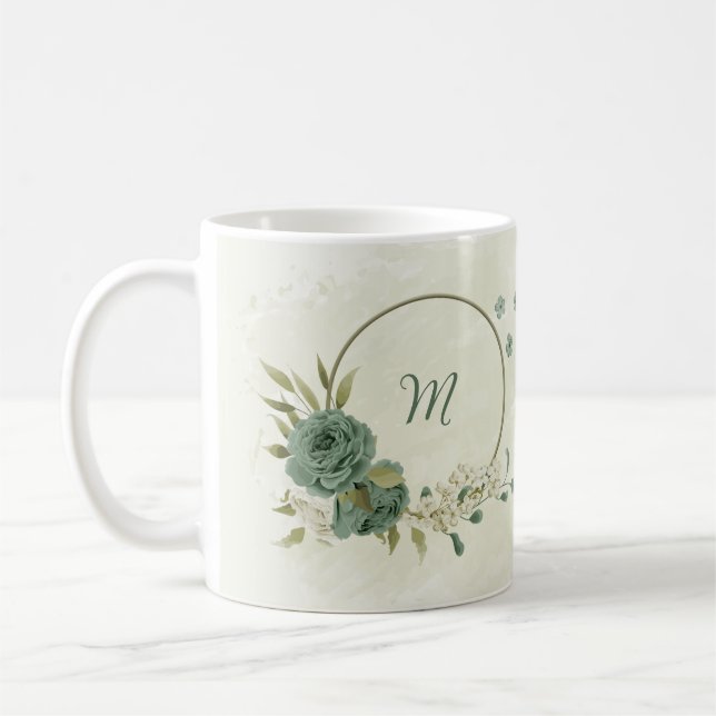 sage green white flowers  coffee mug (Left)