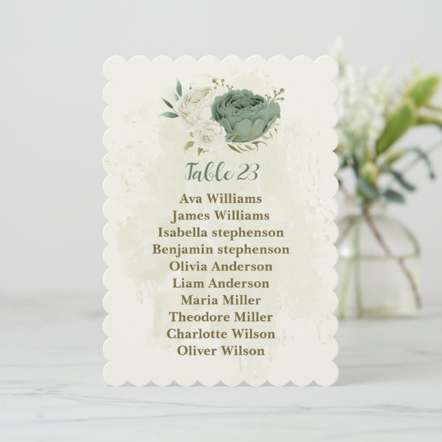 sage green white flowers seating chart card (Standing Front)