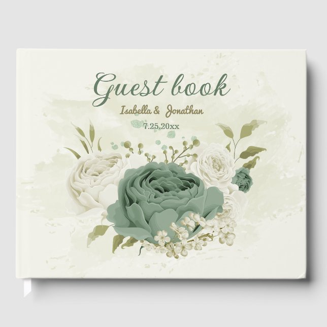 sage green white flowers wedding guest book (Front)