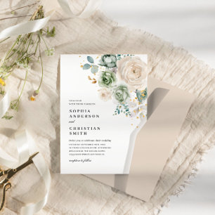 Sage Green & White Flowers Wedding Invitation