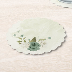 sage green white flowers wedding paper coaster