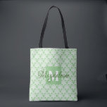 Sage Green & White Frilly Damask Monogrammed Tote Bag<br><div class="desc">This beautiful over the shoulder tote bag features a classic white damask pattern over a sage green background. The design is personalised with a monogram initial letter as well as a customisable name giving it a simple yet elegant style. Perfect for school, work, or even to use as a purse....</div>