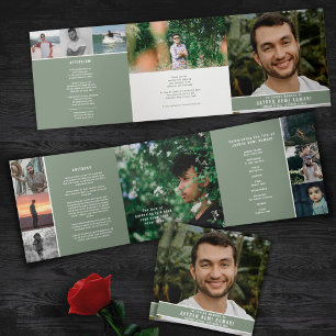Sage green white Funeral service custom photos Tri-Fold Programme