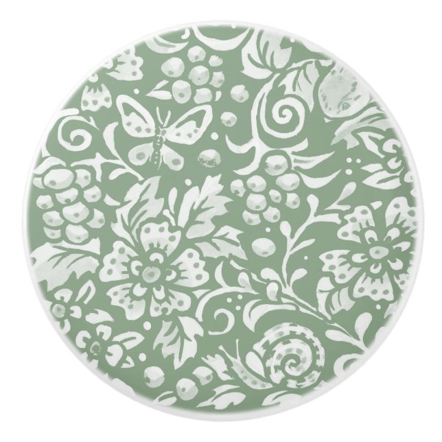 Sage Green White Garden Animals Floral Pattern   Ceramic Knob (Front)