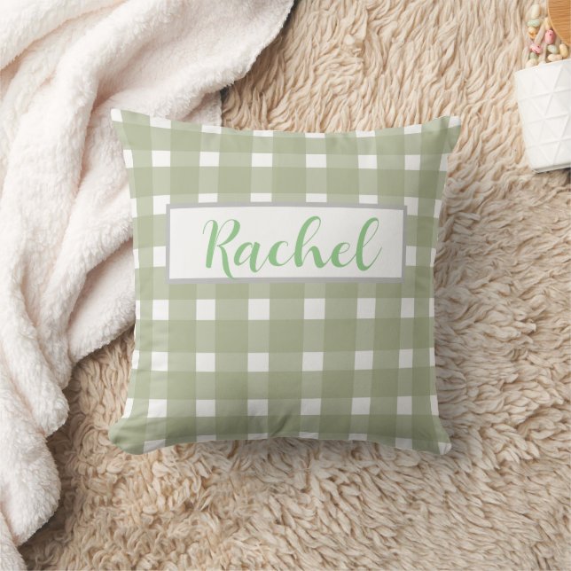 Sage Green White Gingham Personalised Cushion (Blanket)
