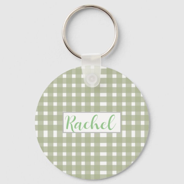 Sage Green White Gingham Personalised Key Ring (Front)