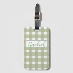 Sage Green White Gingham Personalised Luggage Tag