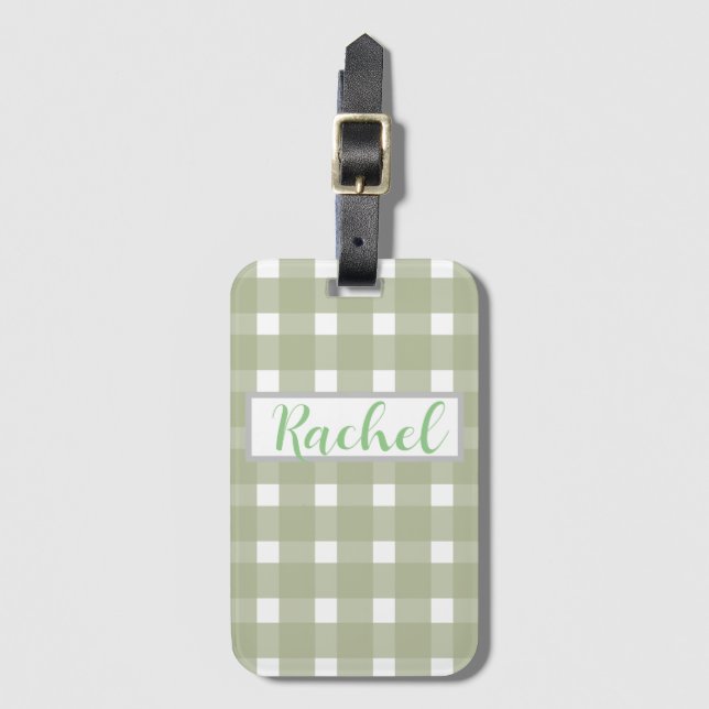 Sage Green White Gingham Personalised  Luggage Tag (Front Vertical)