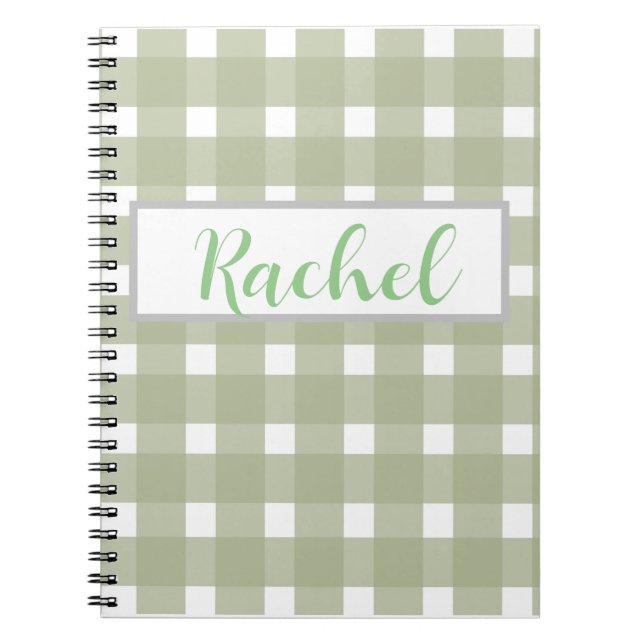 Sage Green White Gingham Personalised  Notebook (Front)