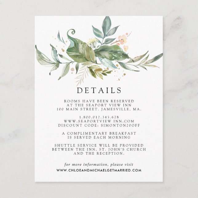 Sage Green White Gold Botanical Guest Details Enclosure Card (Front)