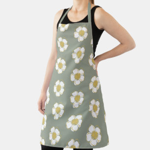 Sage Green White Gold Yellow Buttercup Flowers Apron