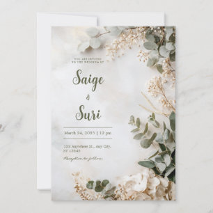 Sage Green White Hydrangea Minimalist Wedding Invitation