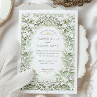 Sage Green White Iris Wedding Faux Embossed Design