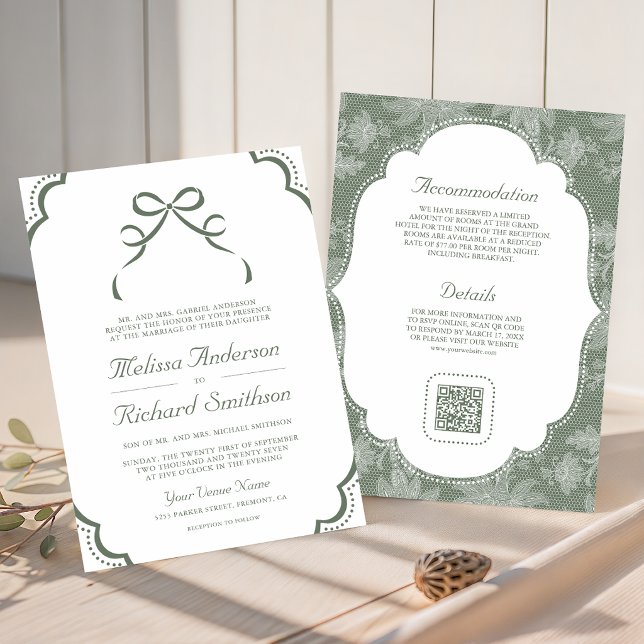 Sage Green White Lace Coquette Bow QR Code Wedding Invitation (Creator Uploaded)