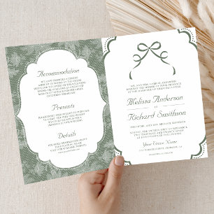 Sage Green White Lace Coquette Bow QR Code Wedding Invitation