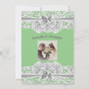 Sage green white lace wedding photo invitation