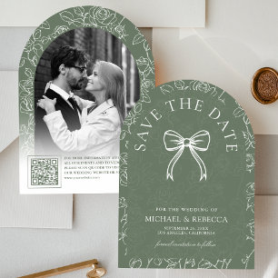 Sage Green White Line Art Bow Photo Wedding Save The Date