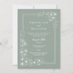 Sage Green White Line Art Floral Botanical Wedding Invitation