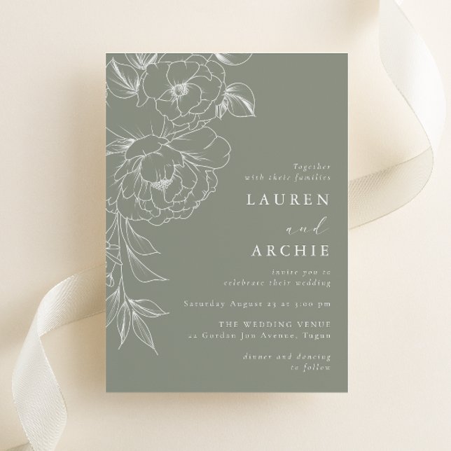 Sage Green White Line Art Floral Wedding Invitation (Creator Uploaded)