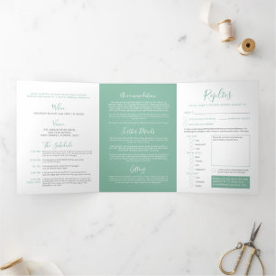 Sage green white little heart wedding all-in-one Tri-Fold invitation