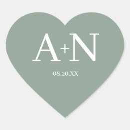 Sage Green White Minimalist Wedding Monogram  Heart Sticker
