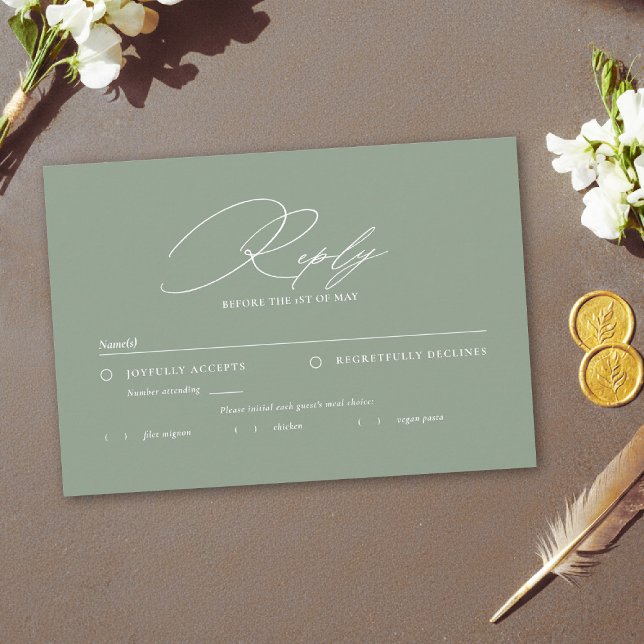 Sage Green White Modern Calligraphy Meal Wedding RSVP Card (sage green wedding rsvl meal elegant modern calligraphy white simple contemporary stylish)
