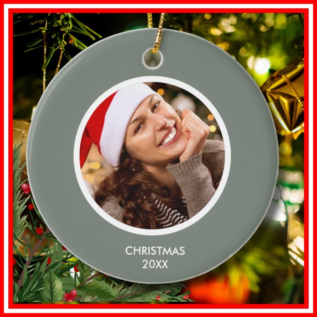 Sage Green & White Modern Initials Monogram PHOTO Ceramic Ornament (Creator Uploaded)