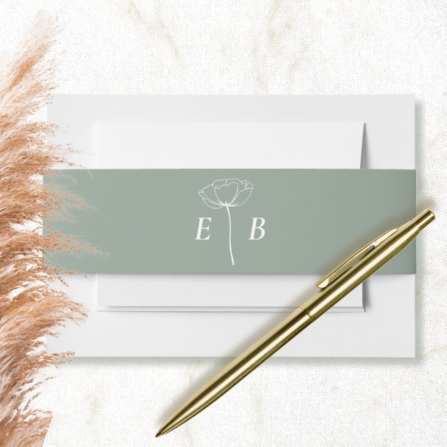 Sage Green White Monogram Floral Accent Initial  Invitation Belly Band (Creator Uploaded)