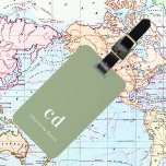 Sage green white monogram initials luggage tag<br><div class="desc">A trendy sage green coloured background. Personalise and add your monogram letters and full name on the front. Your contact information on the back.</div>
