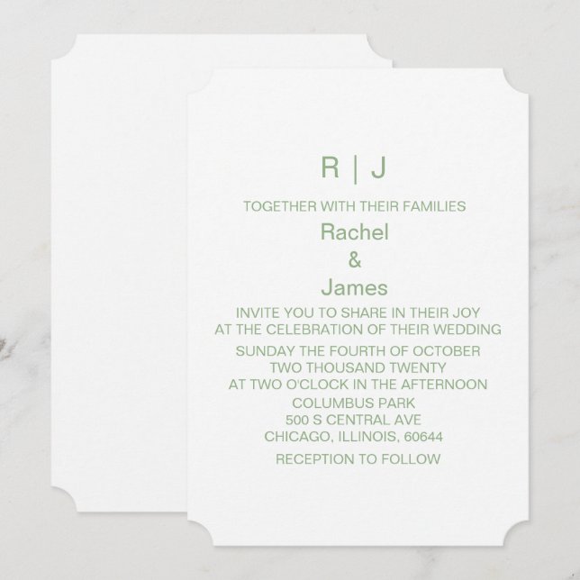 Sage Green White Monogram Initials Trendy Wedding Invitation (Front/Back)