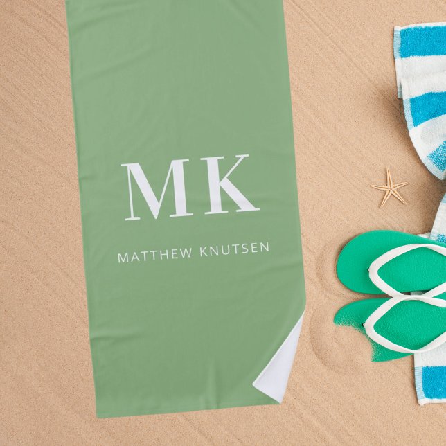 Sage green white monogram name initials  beach towel (Creator Uploaded)