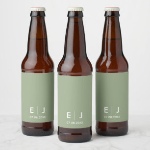 Sage Green & White Monogram Wedding Beer Bottle Label