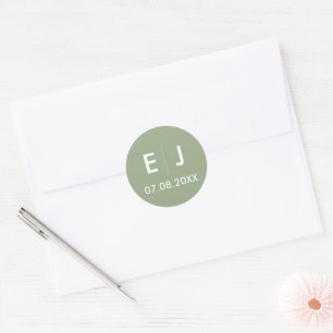 Sage Green & White Monogram Wedding Classic Round Sticker