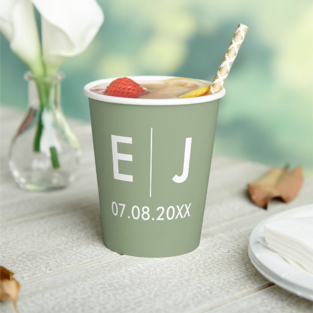 Sage Green & White Monogram Wedding Paper Cups (Insitu)