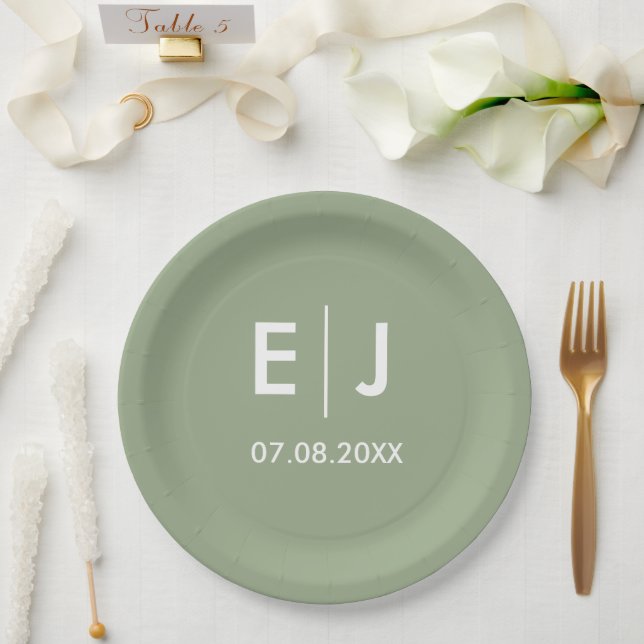 Sage Green & White Monogram Wedding Paper Plate (Wedding)