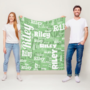 Sage Green White Name Pattern Personalised Fleece Blanket