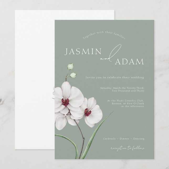 Sage Green White Orchid Initials Wedding Invitation (Front/Back)