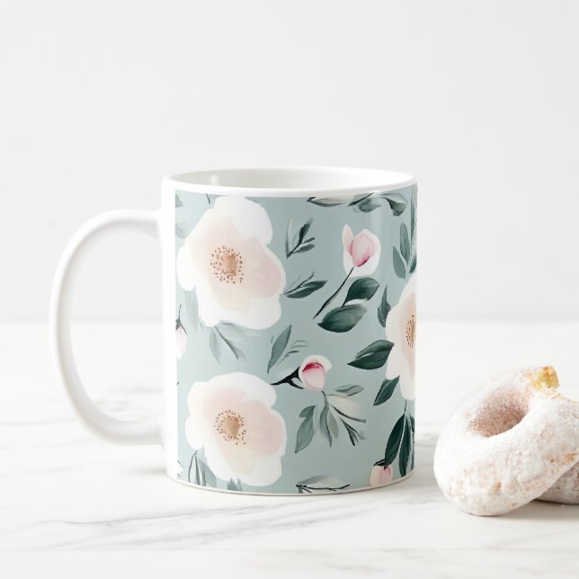 Sage Green white Peonies floral Coffee Mug (With Donut)