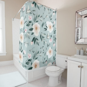 Sage Green white Peonies floral Shower Curtain