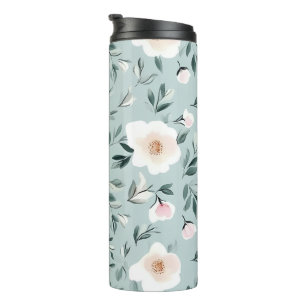Sage Green white Peonies floral Thermal Tumbler